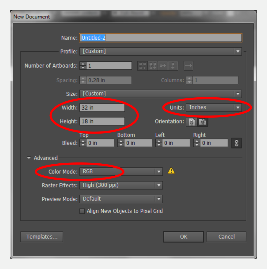 Illustrator New Document dialog with Width 32 in, Height 18 in, Units set to Inches and Color Mode set to RGB circled