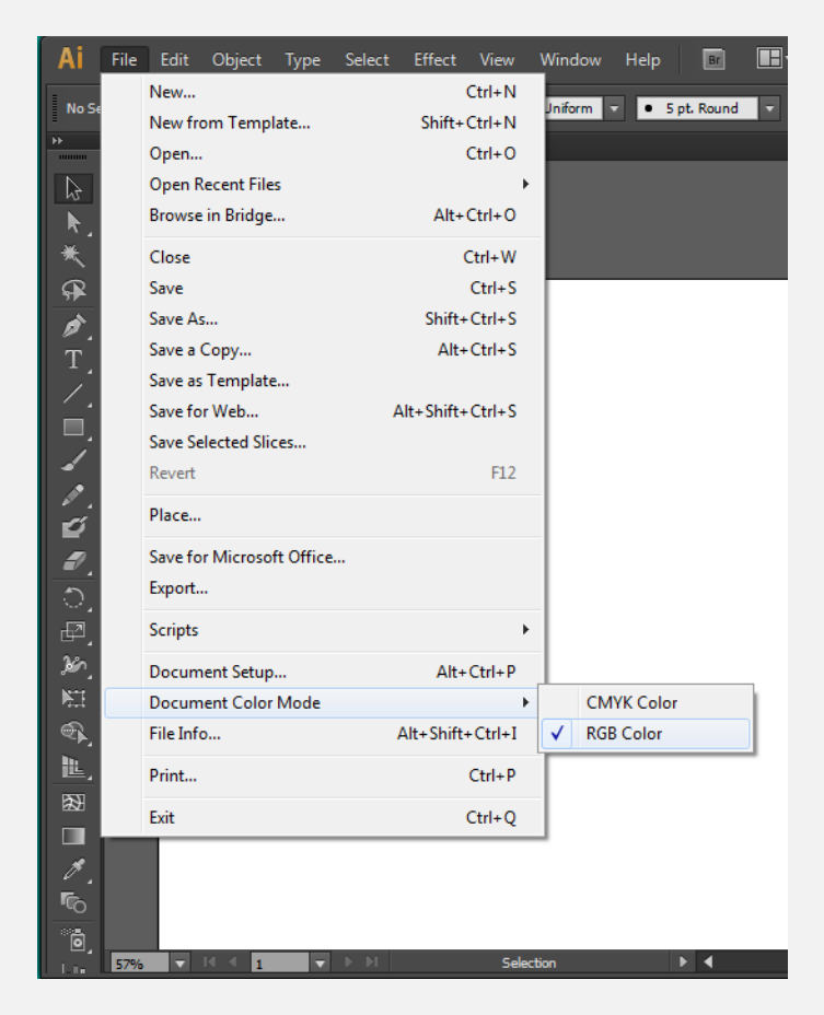 Illustrator File menu open to Document Color Mode with RGB Color checked