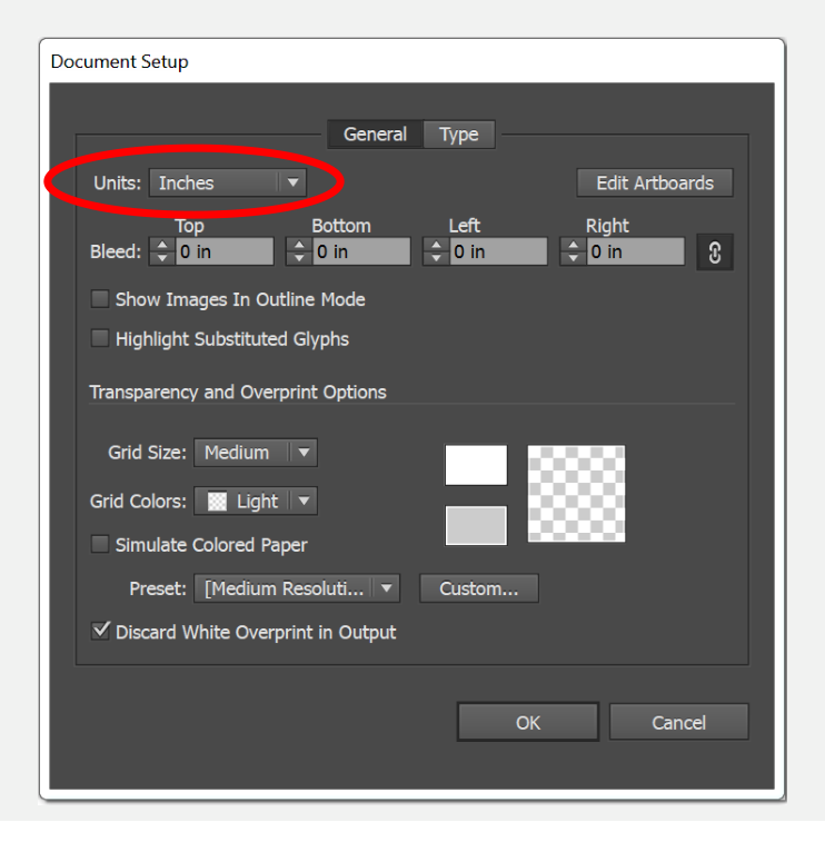 Illustrator Document Setup dialog with the Units dropdown set to Inches circled