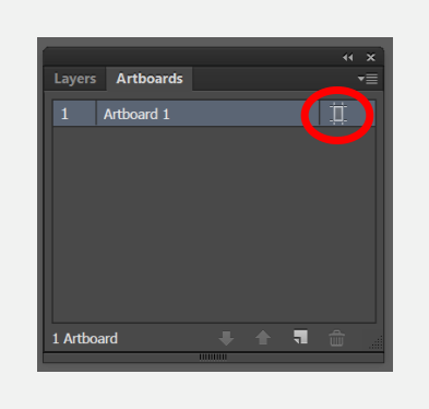 Illustrator Artboards panel with the Artboard Options icon to the right of Artboard 1 circled