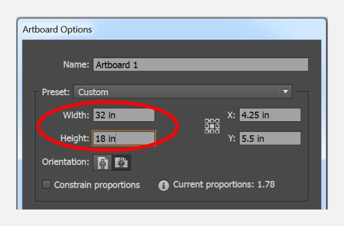 Illustrator Artboard Options dialog with Width 32 in and Height 18 in circled