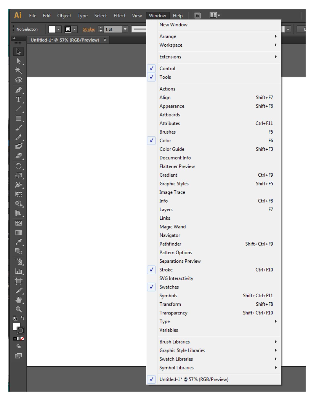 Illustrator Window menu with Control, Tools, Color, Stroke and Swatches checked