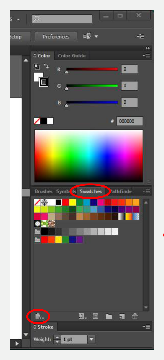 Illustrator Swatches panel with the Swatch Libraries icon in the lower left corner circled