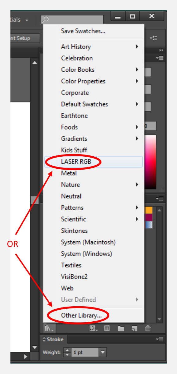 Swatch Libraries menu with LASER RGB and Other Library circled