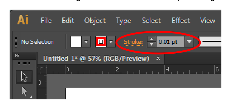 Illustrator Control bar with the Stroke weight set to 0.01 pt circled