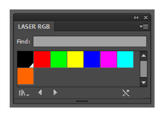 The LASER RGB swatch panel showing the eight assignable colors: black, red, green, yellow, blue, magenta, cyan and orange