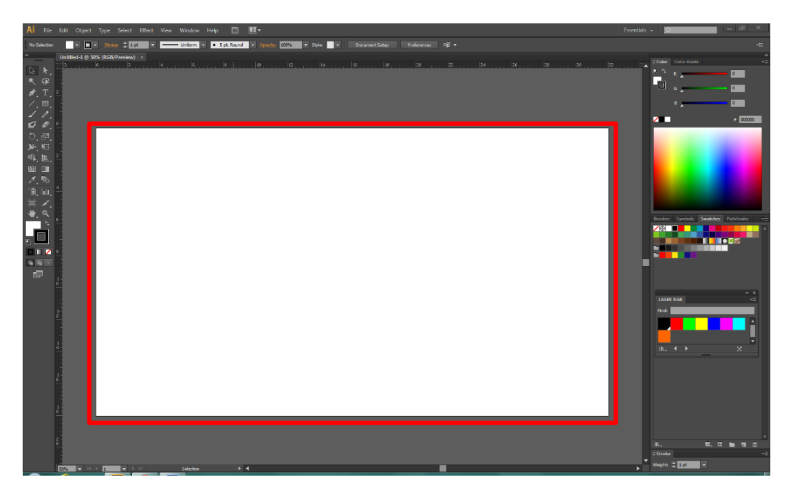 Illustrator document with the artboard rectangle outlined in red showing where artwork must be placed