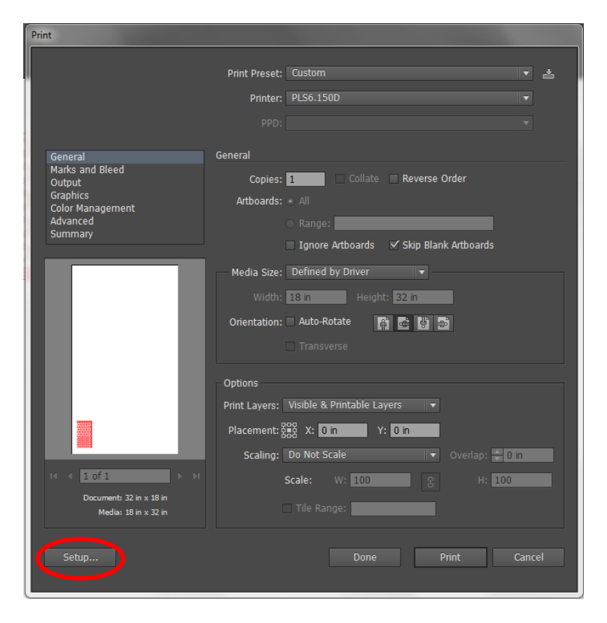 Illustrator Print dialog box with the Setup button in the lower left corner circled