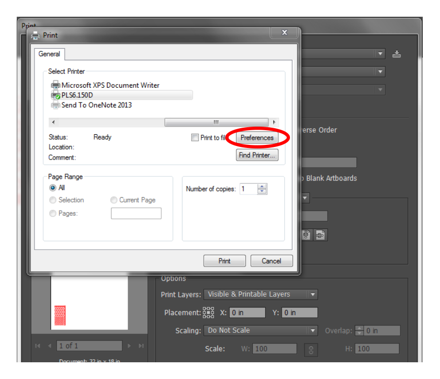 Windows Print Setup dialog with the Preferences button circled next to the PLS6.150D printer