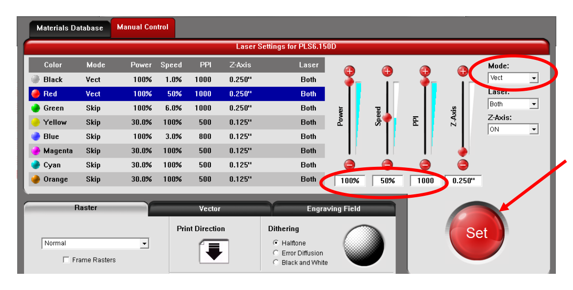 Laser Settings view with the Mode dropdown, the Power, Speed and PPI boxes, and the red Set button circled