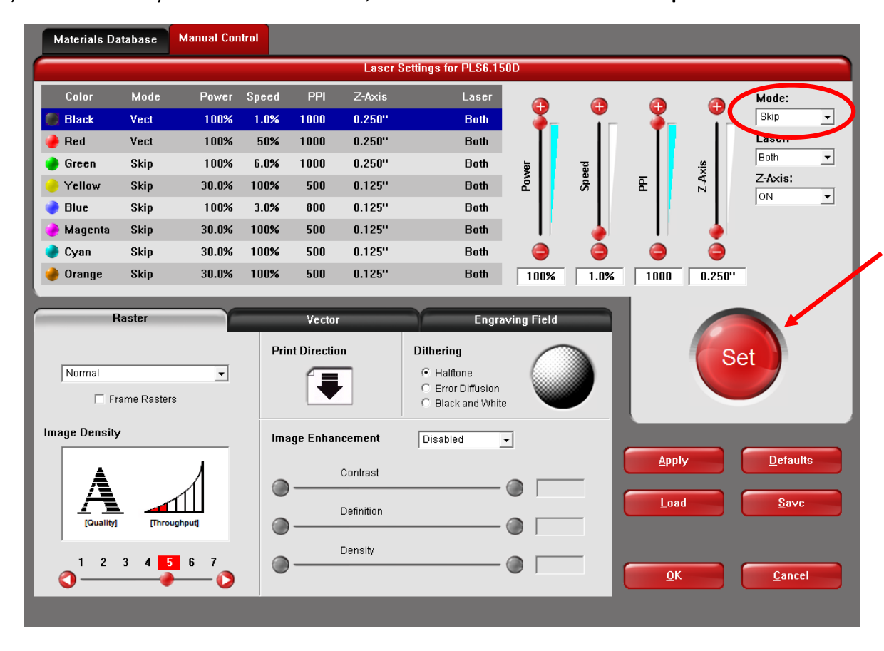 Laser Settings view with the Mode dropdown set to Skip and the Set button circled