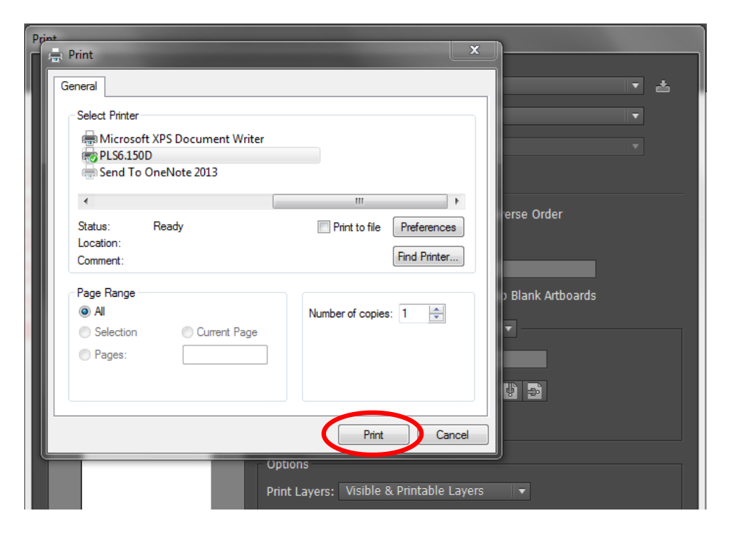 Windows Print Setup dialog with the Print button at the bottom circled