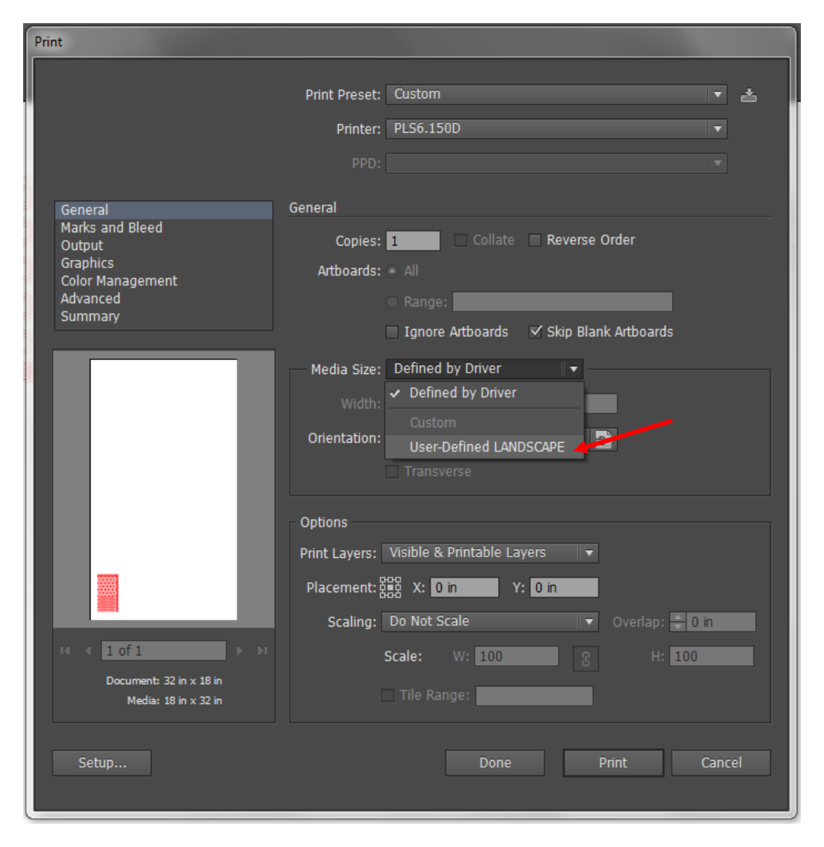 Illustrator Print dialog with the Media Size dropdown set to User-Defined LANDSCAPE