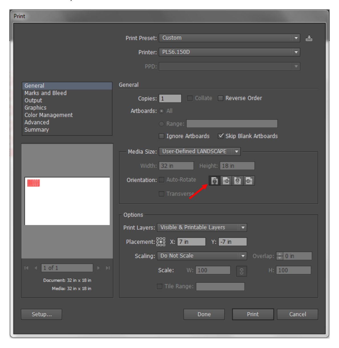 Illustrator Print dialog with the first of the four Orientation buttons, portrait, selected