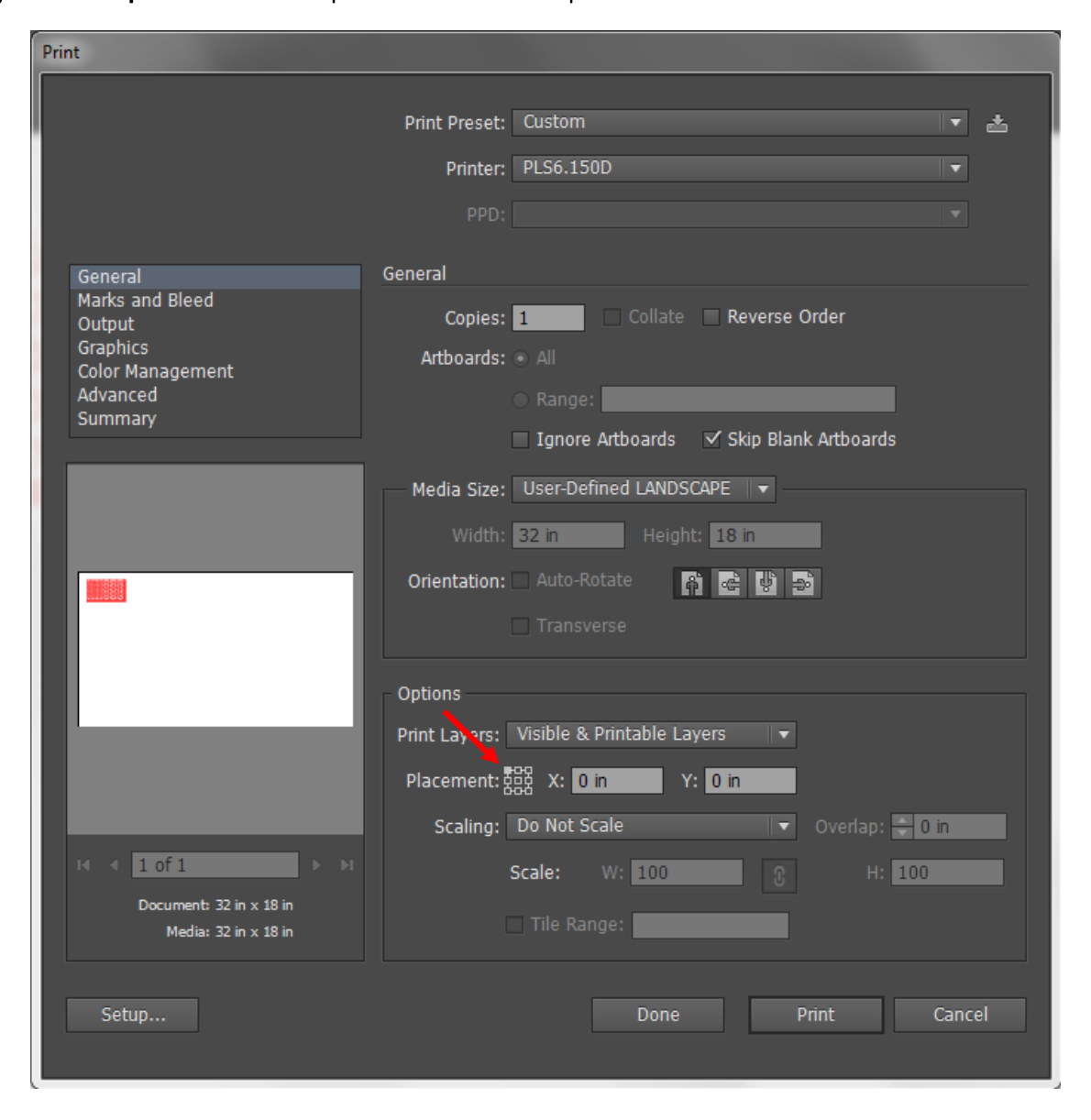 Illustrator Print dialog Options section with the top left corner of the Placement square selected