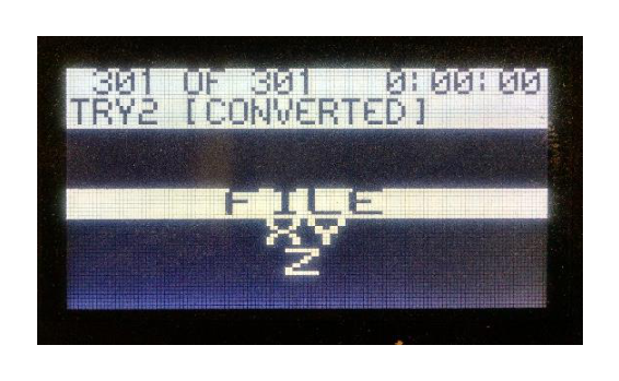 Laser cutter control panel screen showing 301 OF 301 and the file name