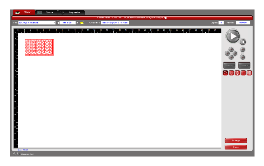 Universal Laser Systems Control Panel showing a virtual view of the laser cutter bed with the loaded file