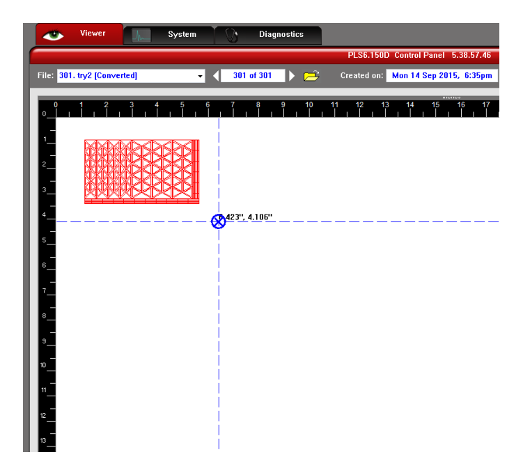 Control Panel virtual bed view with a clicked focus location over the material and its X and Y coordinates