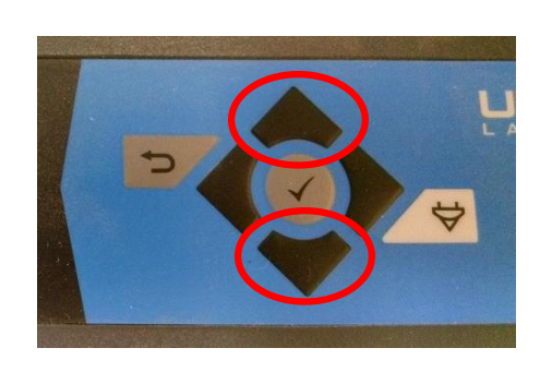 Laser cutter keypad with the UP and DOWN buttons circled