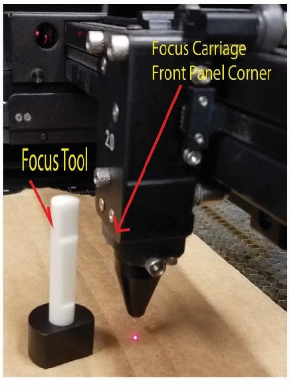 Focus tool next to the focus carriage with the front panel corner labeled