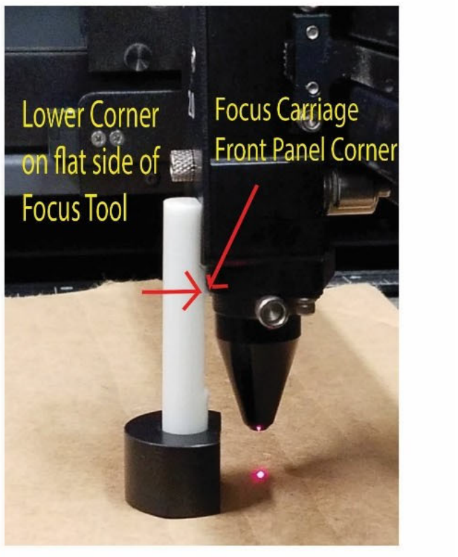 Focus tool standing on the material with the lower corner on its flat side against the lower front corner of the focus carriage
