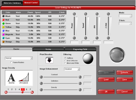 Laser Settings for VLS6.60 showing the eight RGB colors, Manual Control tab, and mode, power, speed, PPI and Z-axis controls