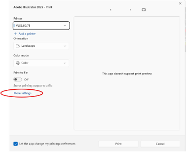 Newer print preferences window with More settings circled