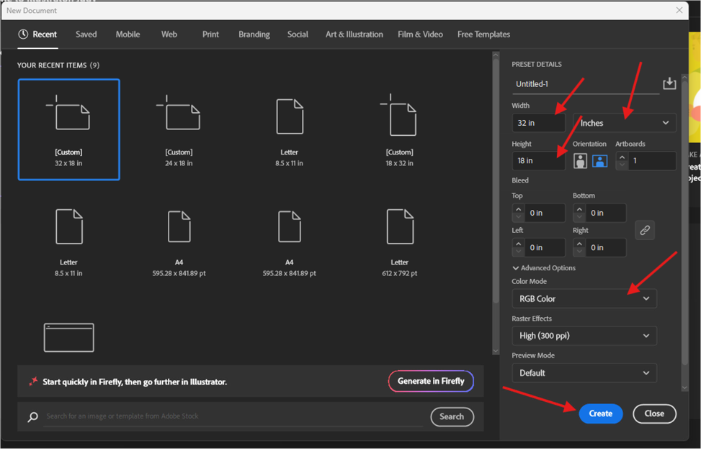 Current Illustrator New Document dialog with arrows pointing to inches, 32 by 18 inch dimensions, RGB Color, and Create