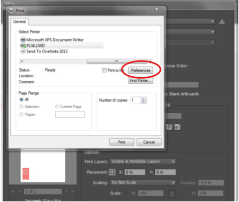 Windows Print Setup dialog with the Preferences button circled next to the PLS6.150D printer
