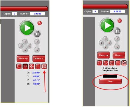 Control panel Time button indicated by an arrow and Start circled within Estimated Job Completion Time