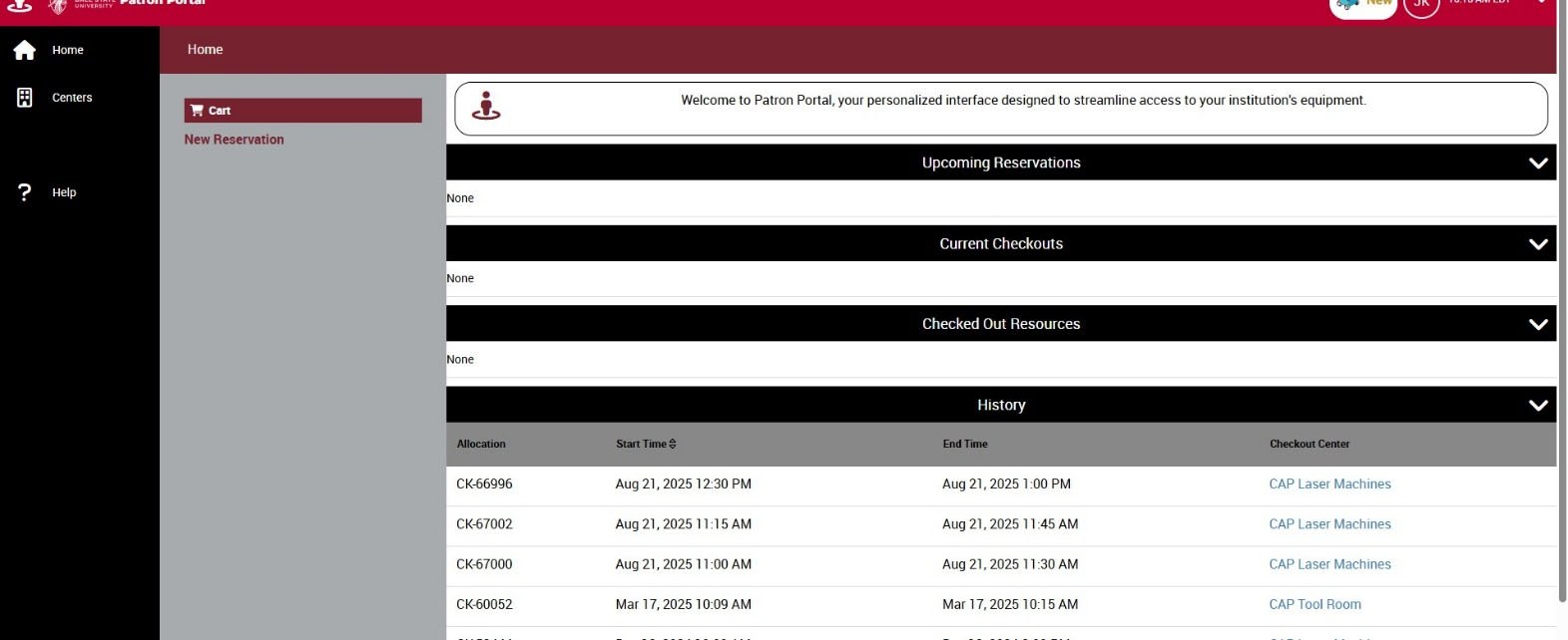 WebCheckOut Patron Portal home page showing upcoming reservations, current checkouts, checked out resources and history