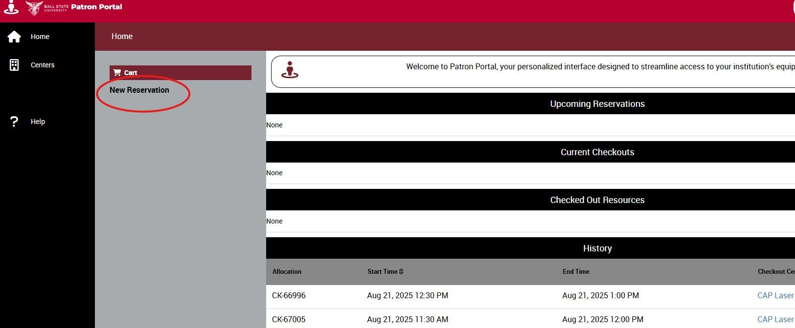 Patron Portal home with New Reservation circled in the left Cart panel