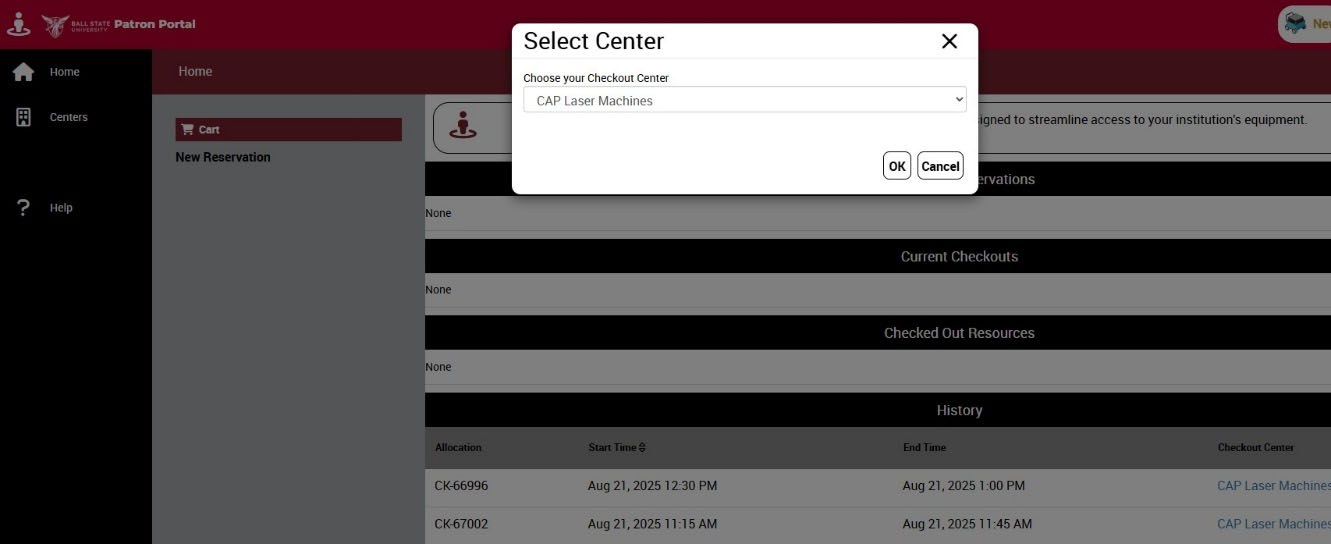 Select Center dialog with CAP Laser Machines chosen from the Checkout Center dropdown