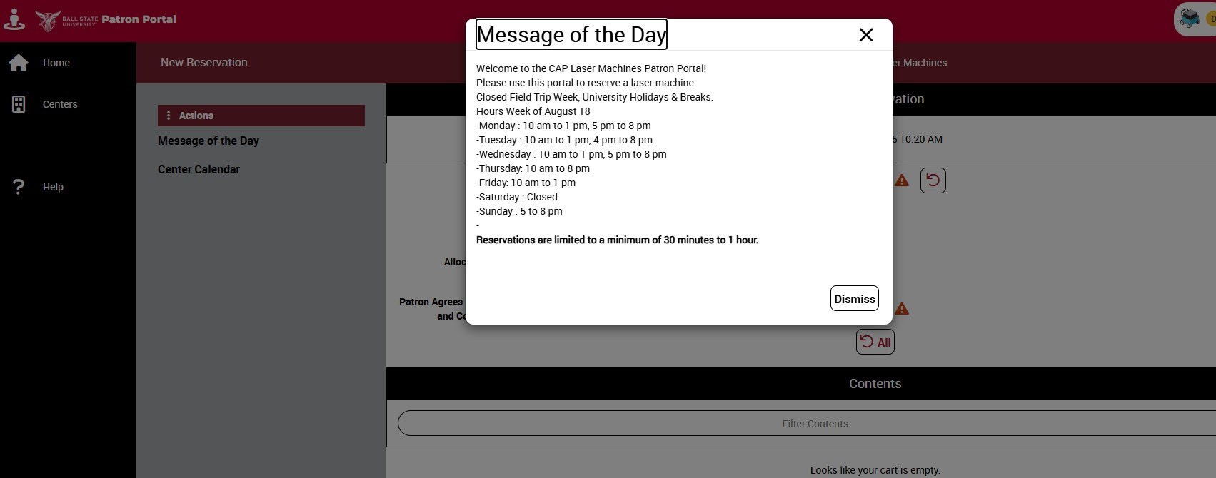 Message of the Day popup listing CAP Laser Machines lab hours with a Dismiss button