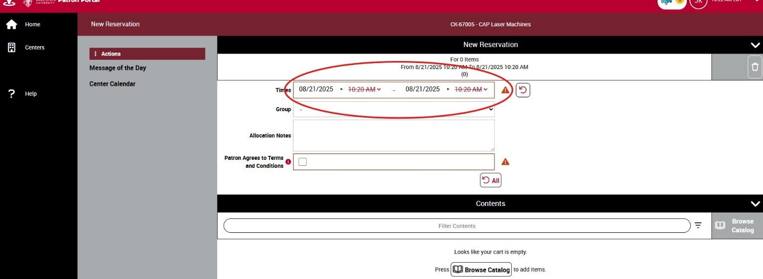 New Reservation window with the Times date and time dropdowns circled