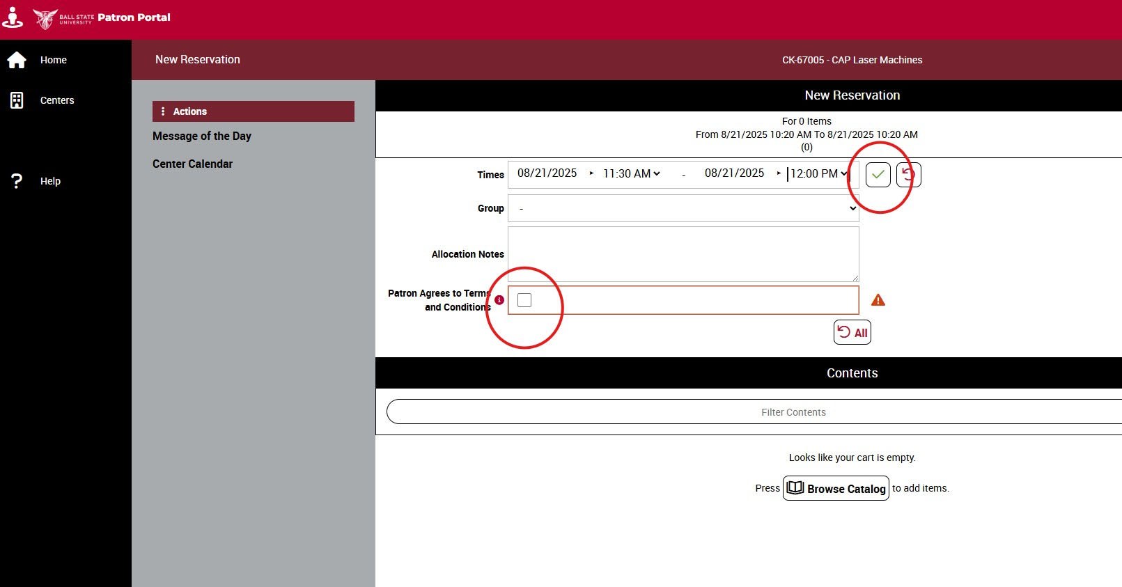 New Reservation window with the green check mark and the Patron Agrees to Terms and Conditions checkbox circled