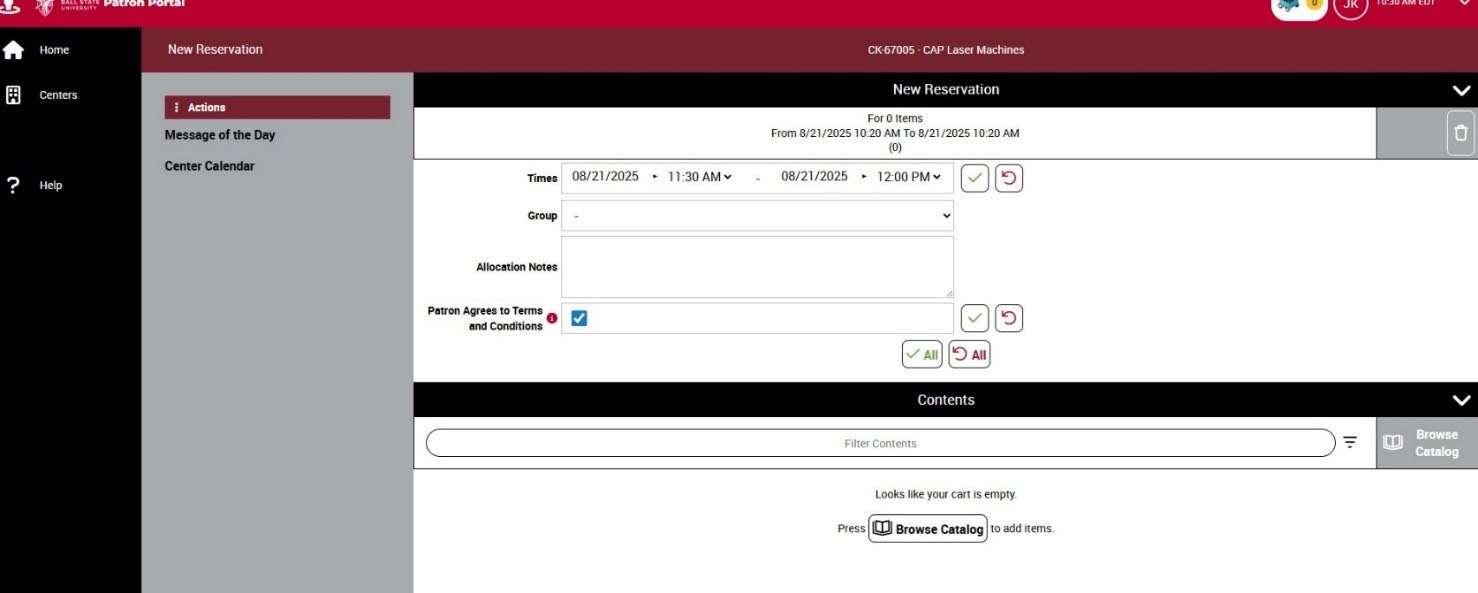 New Reservation window with the terms checkbox ticked and the times confirmed