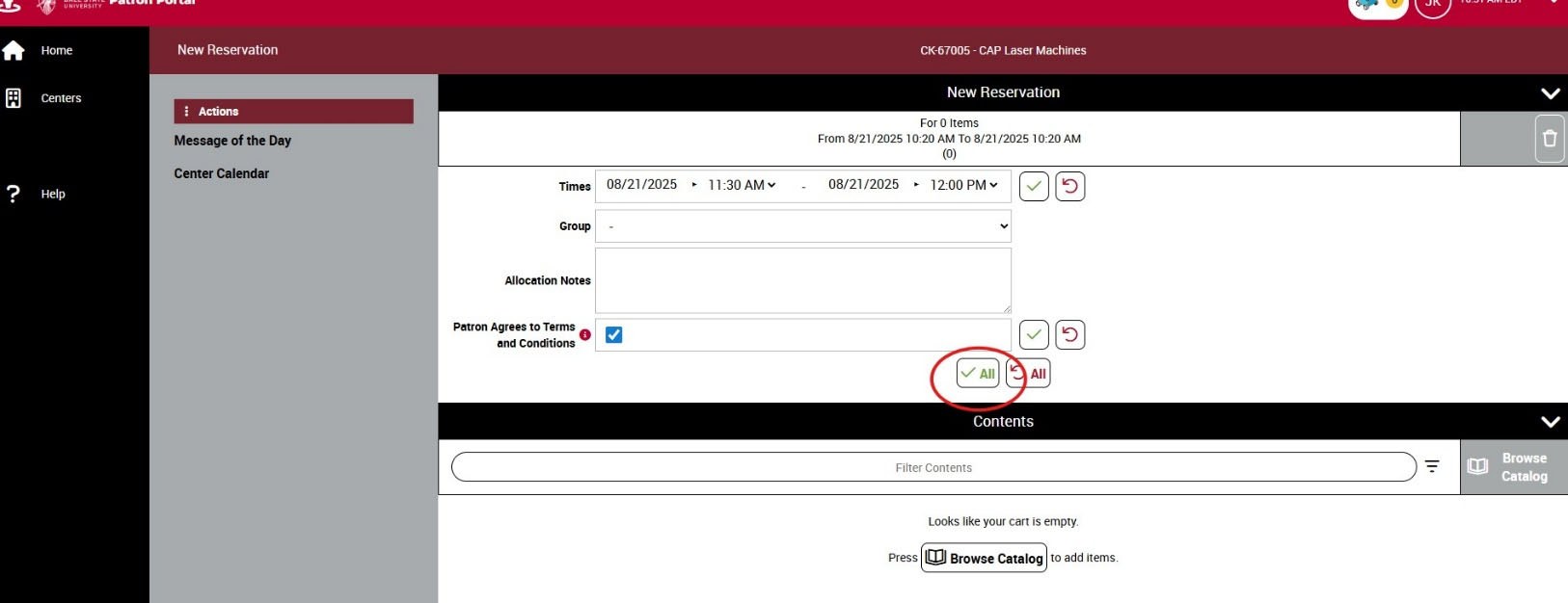 New Reservation window with the green check All button circled