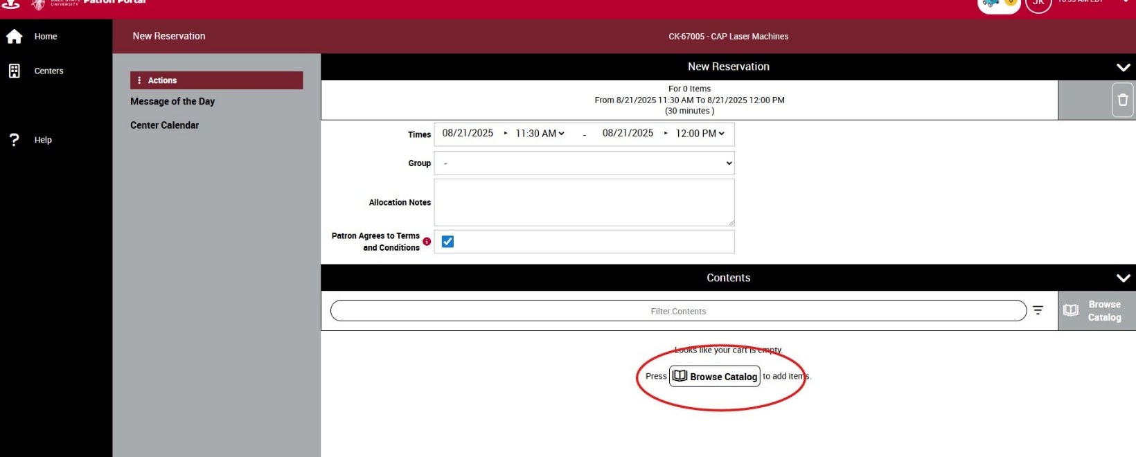 Reservation showing a confirmed 30 minute time block with the Browse Catalog button circled