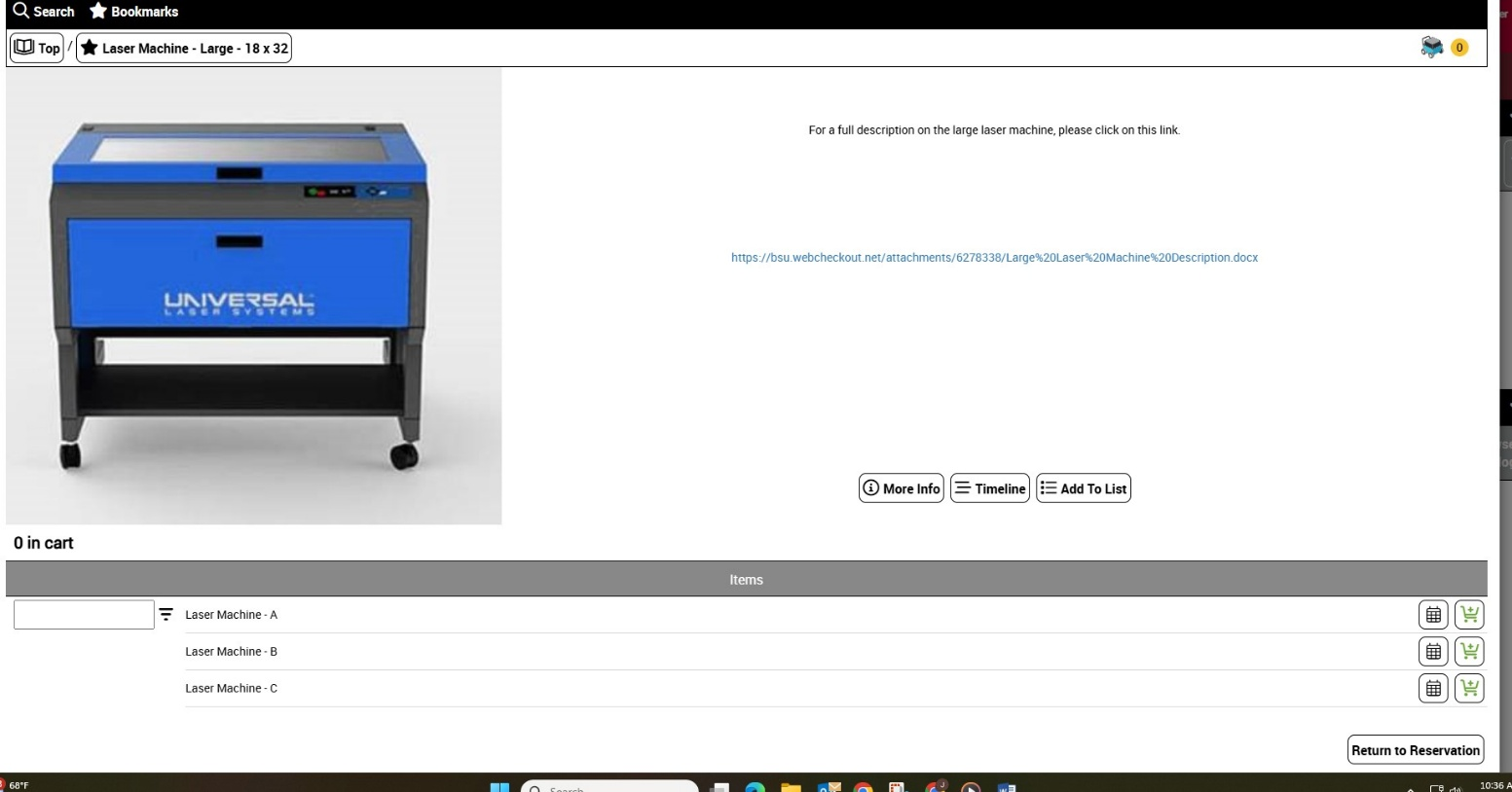 Large 18 x 32 catalog page listing Laser Machine A, B and C with cart icons
