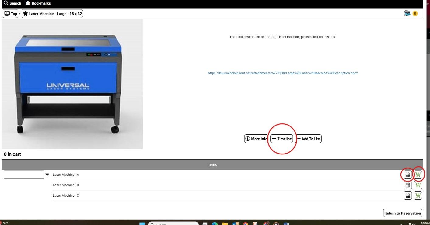 Large machine page with the green cart icon, the availability icon beside it, and the Timeline button circled
