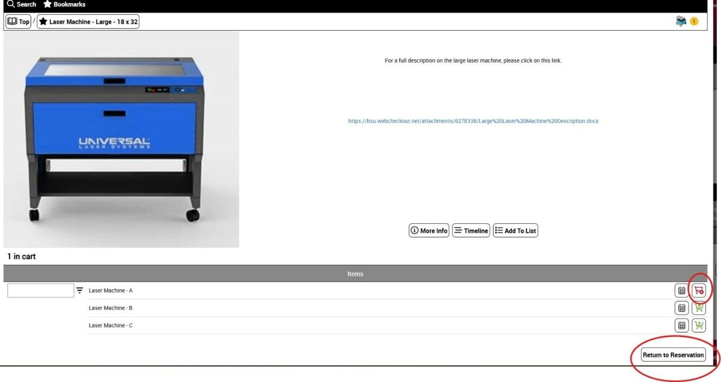 Catalog page showing 1 in cart for Laser Machine A with the Return to Reservation button circled