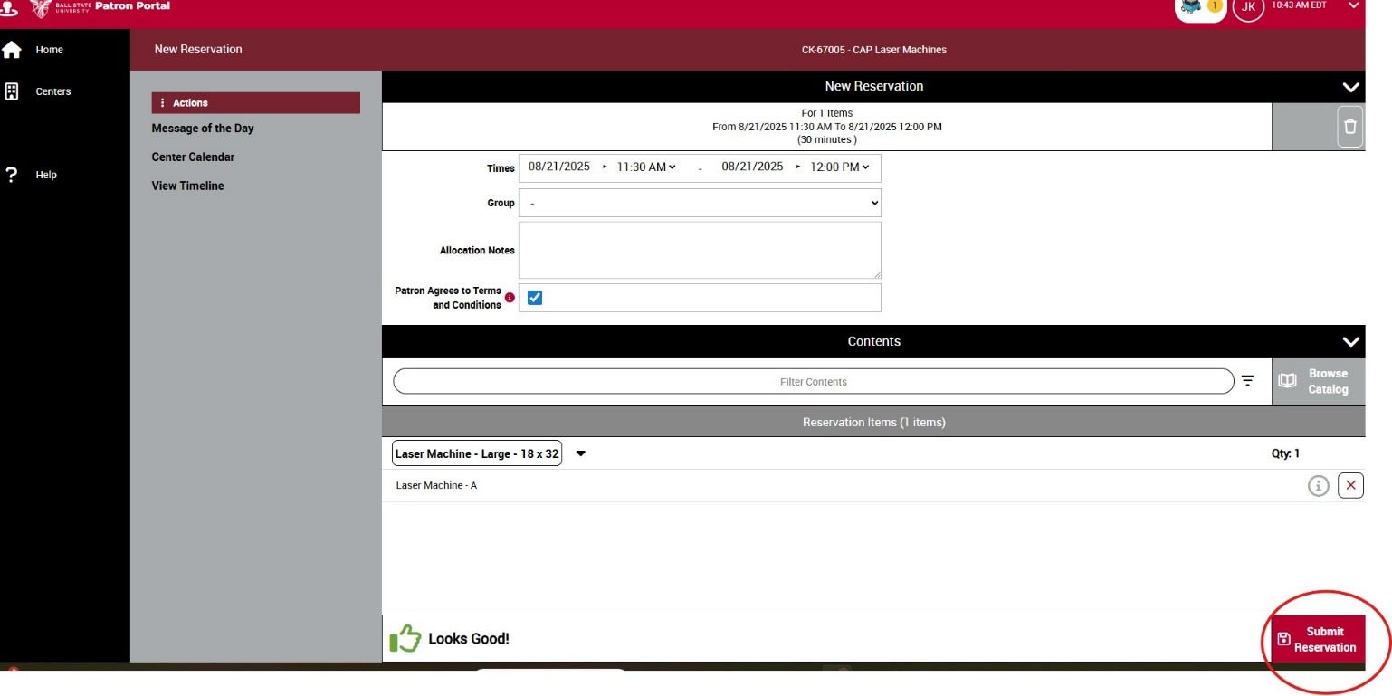 Completed reservation showing Looks Good with the Submit Reservation button circled