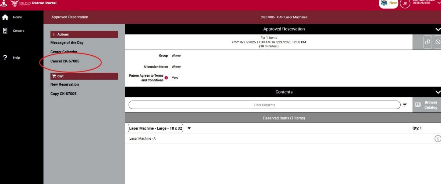 Approved Reservation window with Cancel CK-67005 circled in the Actions panel
