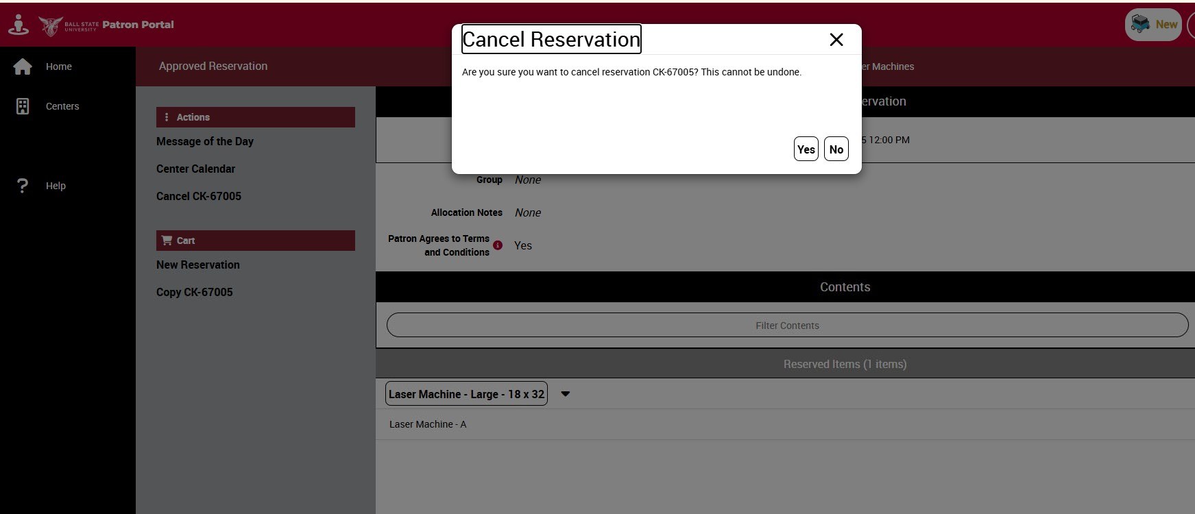 Cancel Reservation dialog asking Are you sure you want to cancel reservation CK-67005 with Yes and No buttons