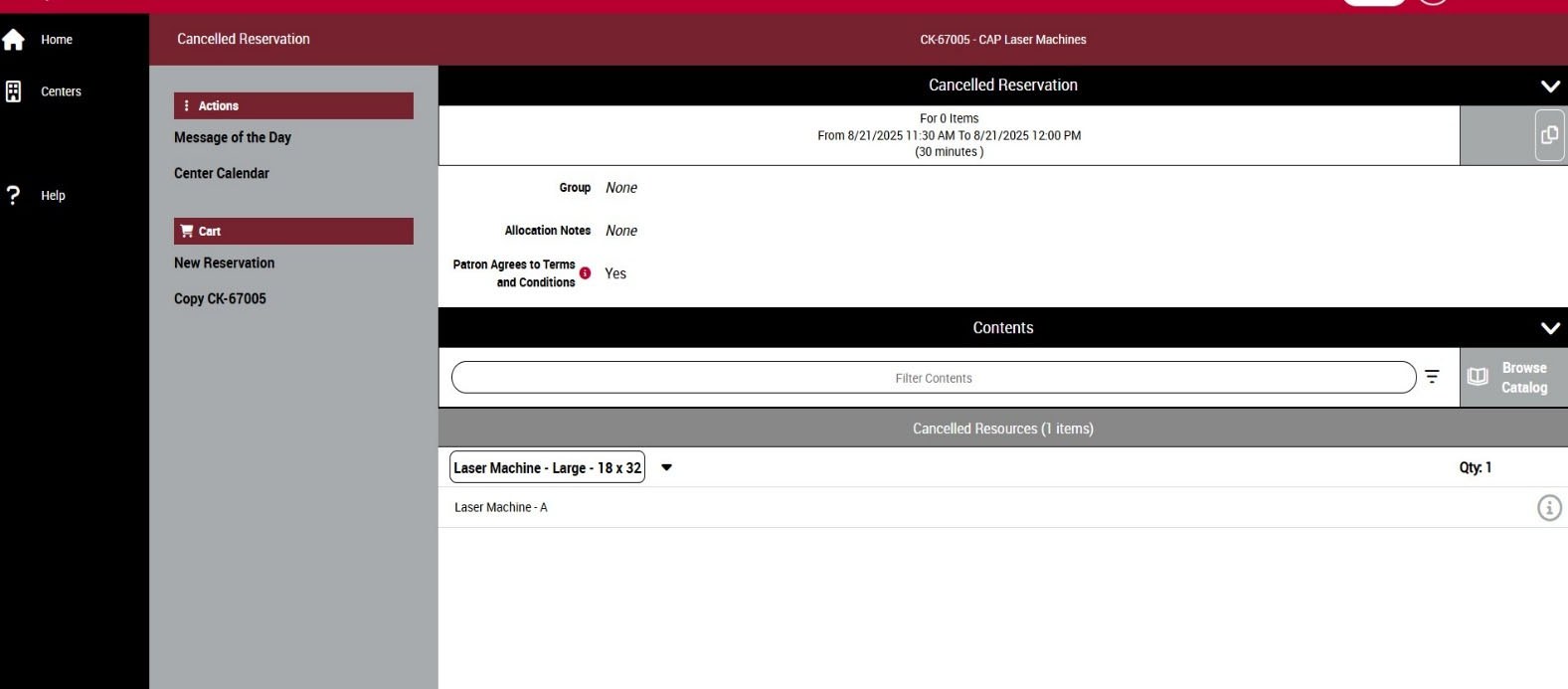 Cancelled Reservation screen showing the dark red Cancelled Reservation bar and cancelled resources