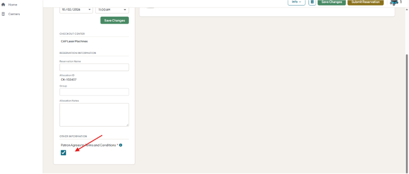 Reservation form scrolled to the lens responsibility agreement with the checkbox indicated
