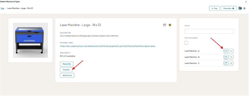 Machine catalog with Timeline and calendar availability controls indicated
