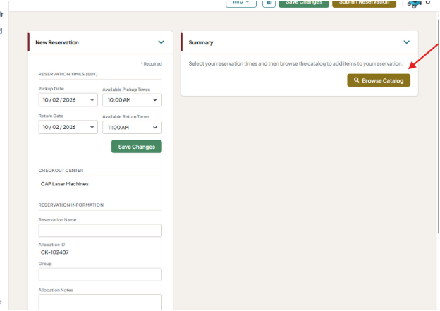 Summary panel with Browse Catalog highlighted