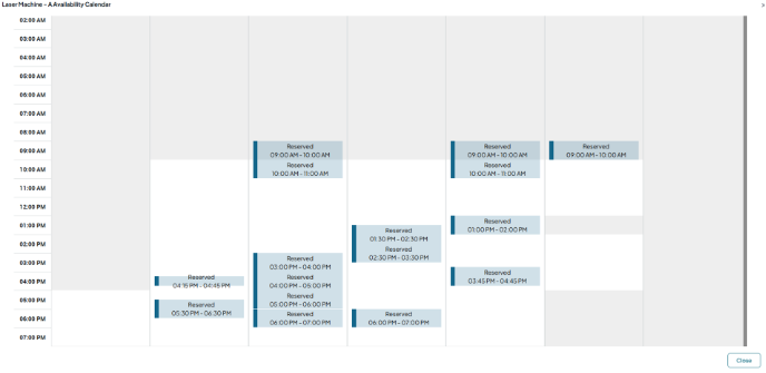 Calendar view showing laser machine reservation slots